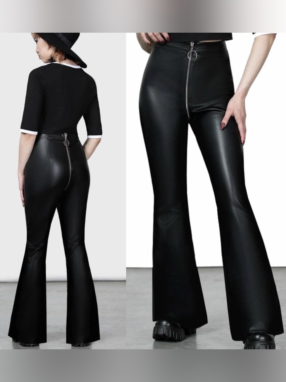 Killstar Black Faux Leather Kick Flare Pants with Front Ring Zip o ring plus 4X
